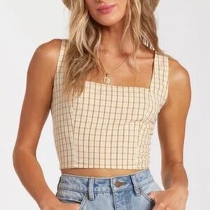Billabong cream plaid linen blend square neck sleeveless crop top size small